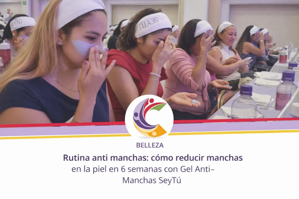 Mujeres en un taller de belleza aplicándose un gel facial con bandas de cabeza SEYTU y mesas con productos junto a texto promocional de rutina anti-manchas.