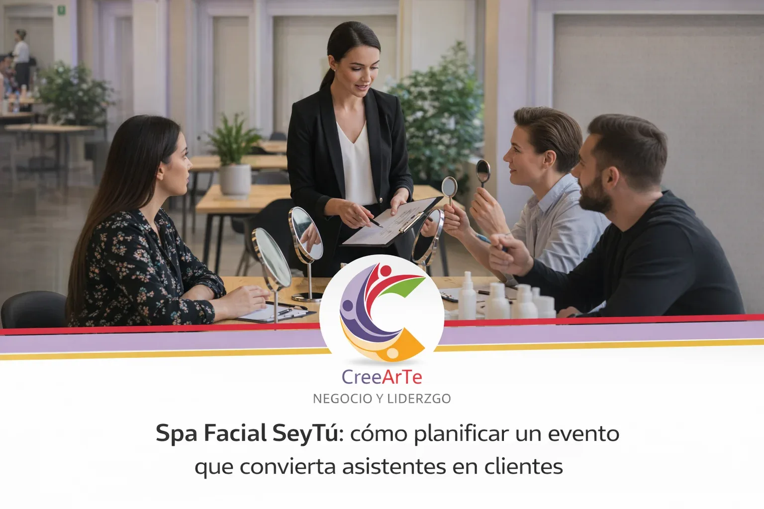 Instructora con portapapeles enseña a un grupo prácticas de spa facial frente a espejos; logo CreeArTe y título del taller.
