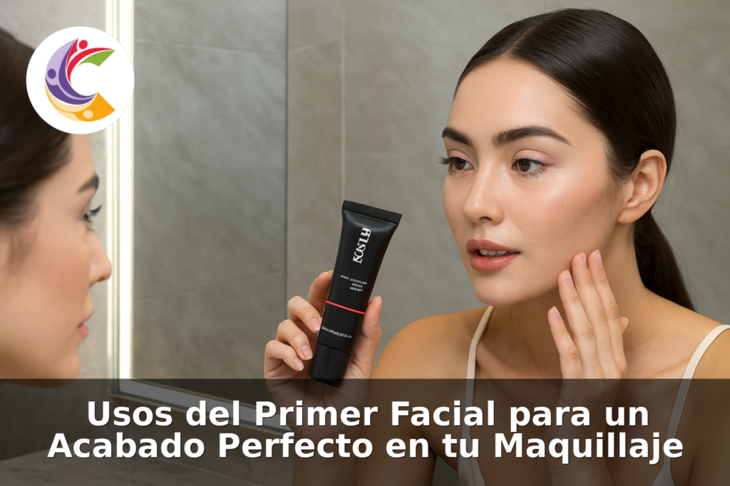 Mujer aplicándose primer facial SeyTú frente a espejo de baño moderno