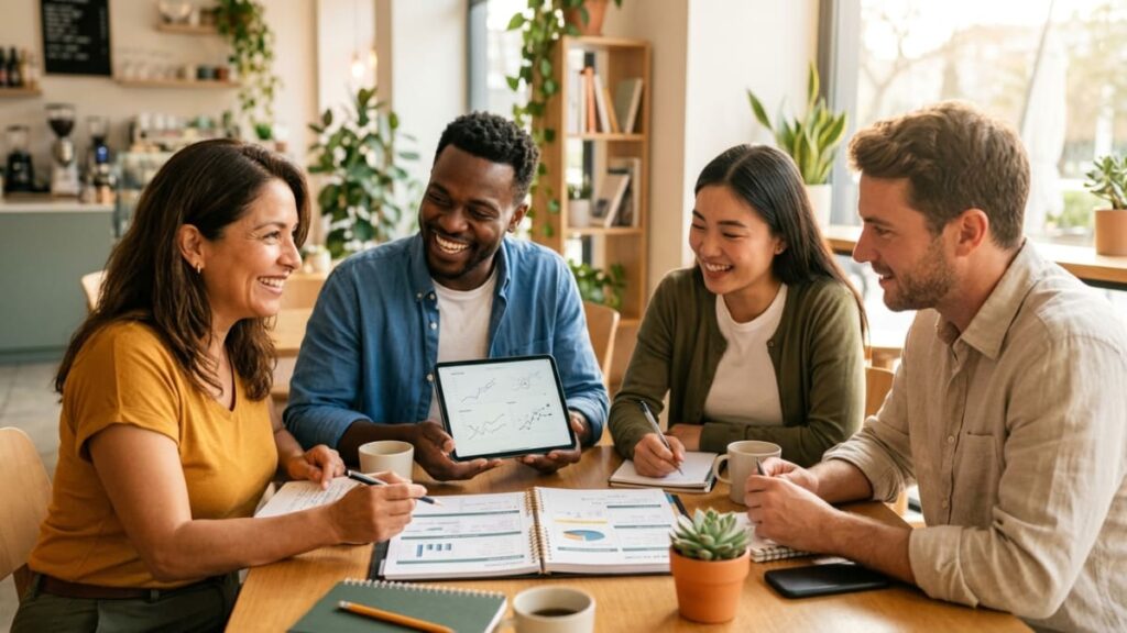 Persona emprendedora revisando su plan de trabajo en redes de mercadeo con cuaderno y laptop