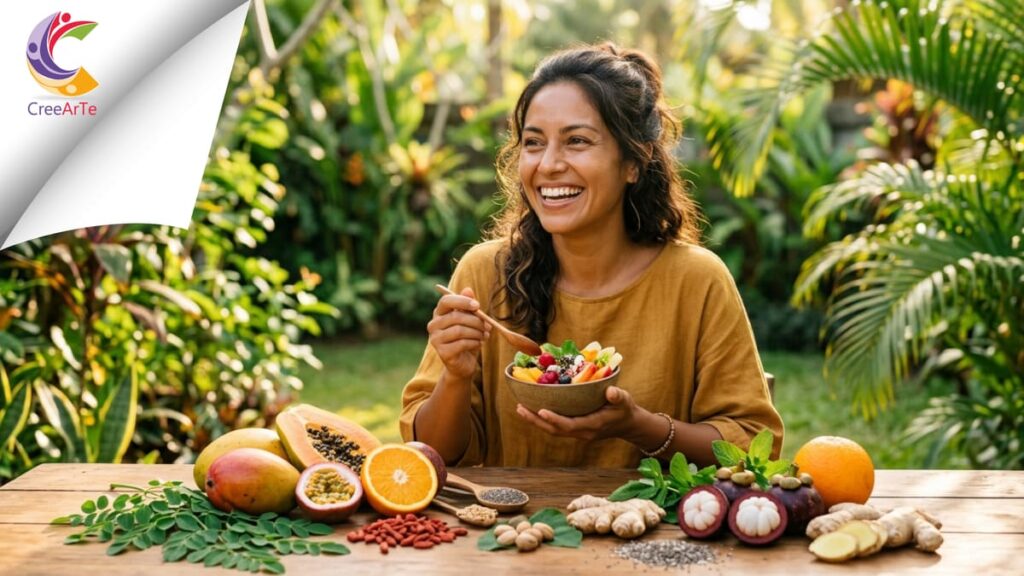 Mujer latina sonriendo mientras sostiene un sachet de suplemento nutricional OMNIPLUS Frutas de Omnilife
