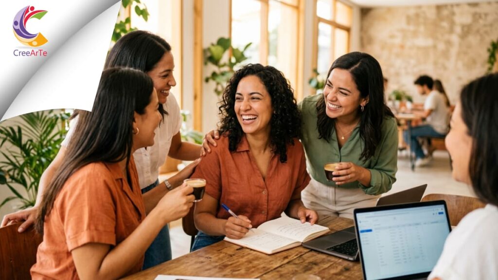Persona latina en posición de liderazgo compartiendo conocimiento con su equipo en una reunión de emprendedores