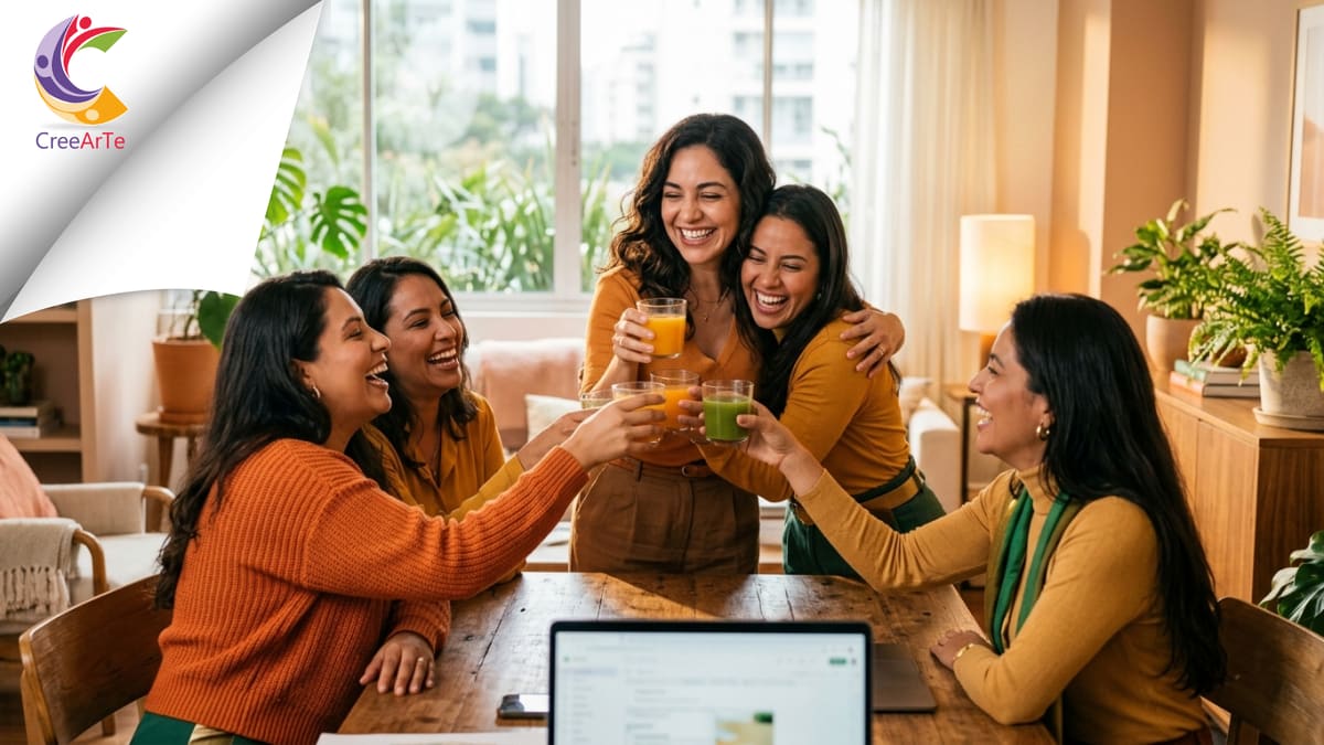 Emprendedora latina usando su celular para crear contenido en redes sociales desde casa